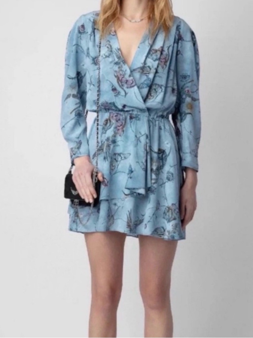 Zadig & Voltaire Silk Rogers Holly Floral Mini Dress Glacier Blue Size Large